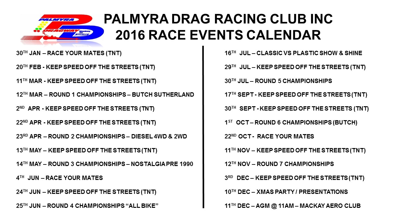 2016 CURRENT RACE CALENDAR Palmyra Dragway, Mackay QLD